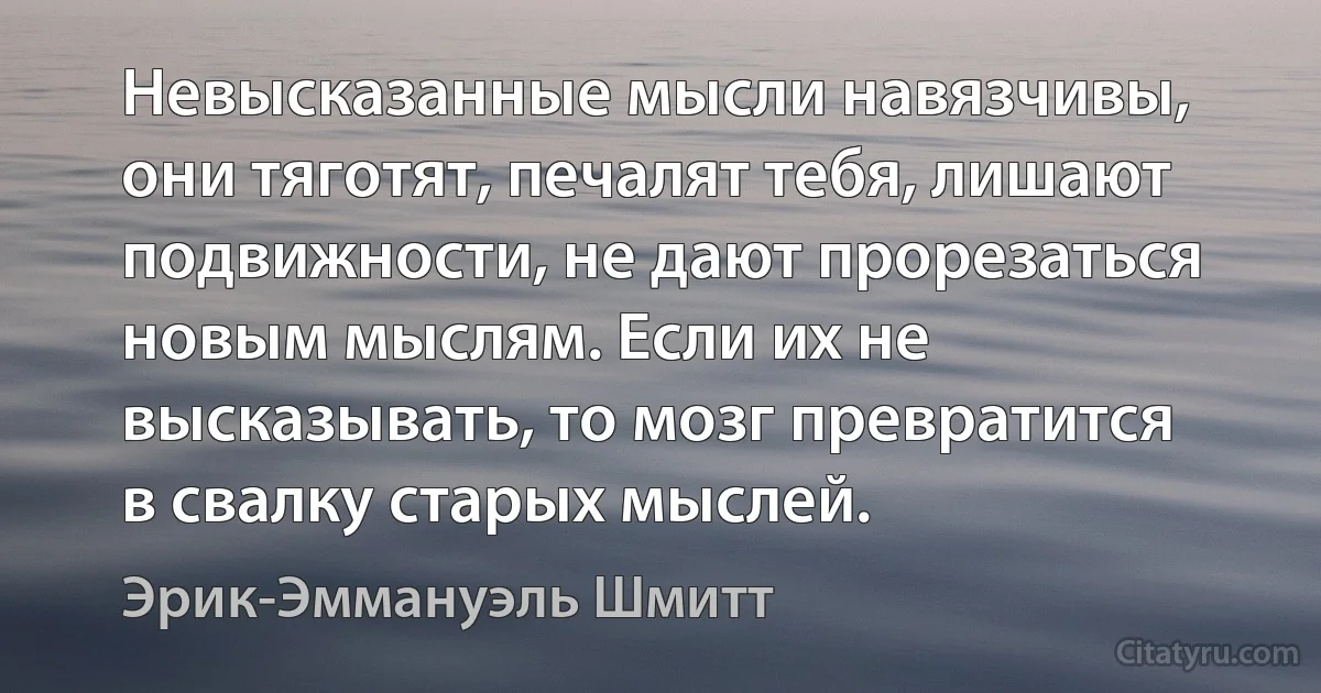 Невысказанные мысли навязчивы, они тяготят, печалят тебя, лишают подвижности, не дают прорезаться новым мыслям. Если их не высказывать, то мозг превратится в свалку старых мыслей. (Эрик-Эммануэль Шмитт)