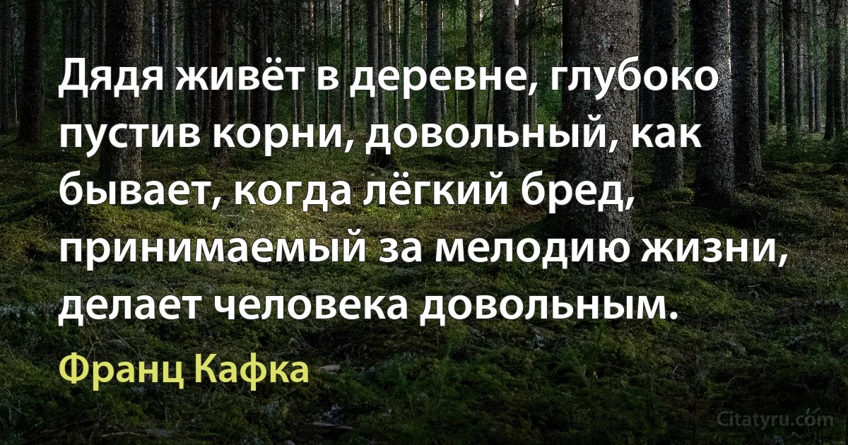 Дядя живёт в деревне, глубоко пустив корни, довольный, как бывает, когда лёгкий бред, принимаемый за мелодию жизни, делает человека довольным. (Франц Кафка)