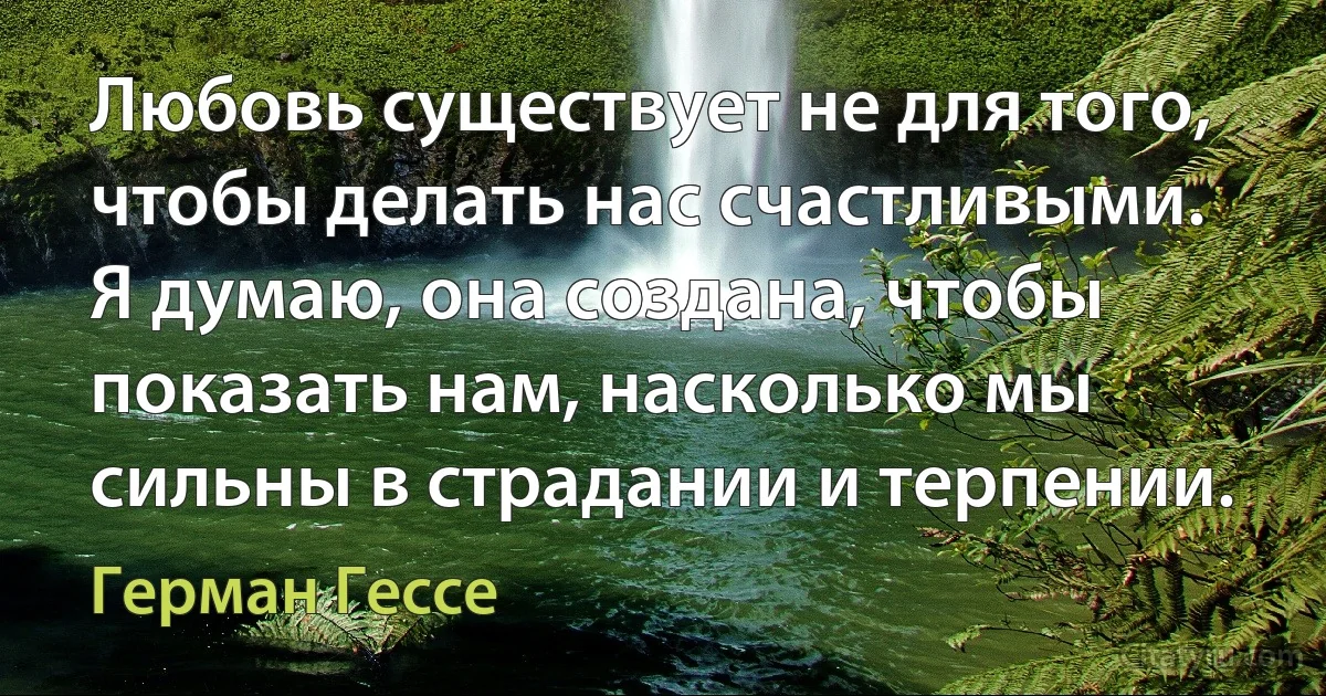 Любовь существует не для того, чтобы делать нас счастливыми.
Я думаю, она создана, чтобы показать нам, насколько мы сильны в страдании и терпении. (Герман Гессе)