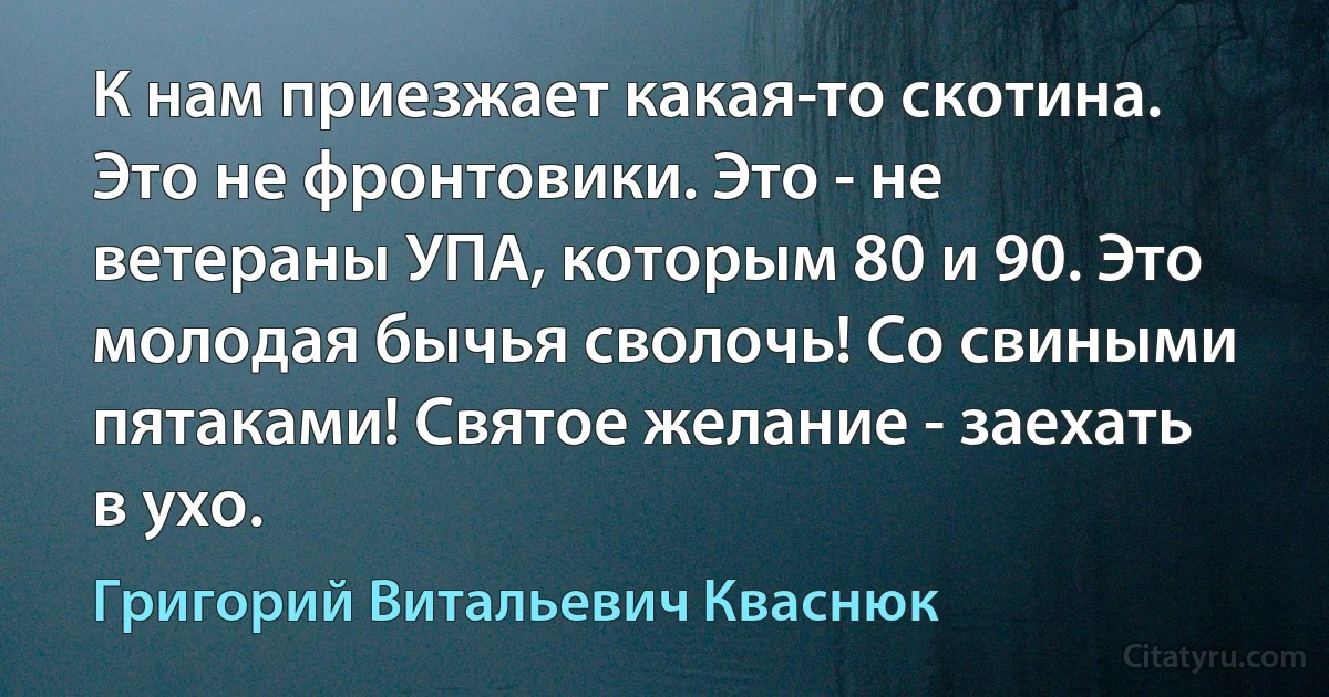 К нам приезжает какая-то скотина. Это не фронтовики. Это - не ветераны УПА, которым 80 и 90. Это молодая бычья сволочь! Со свиными пятаками! Святое желание - заехать в ухо. (Григорий Витальевич Кваснюк)