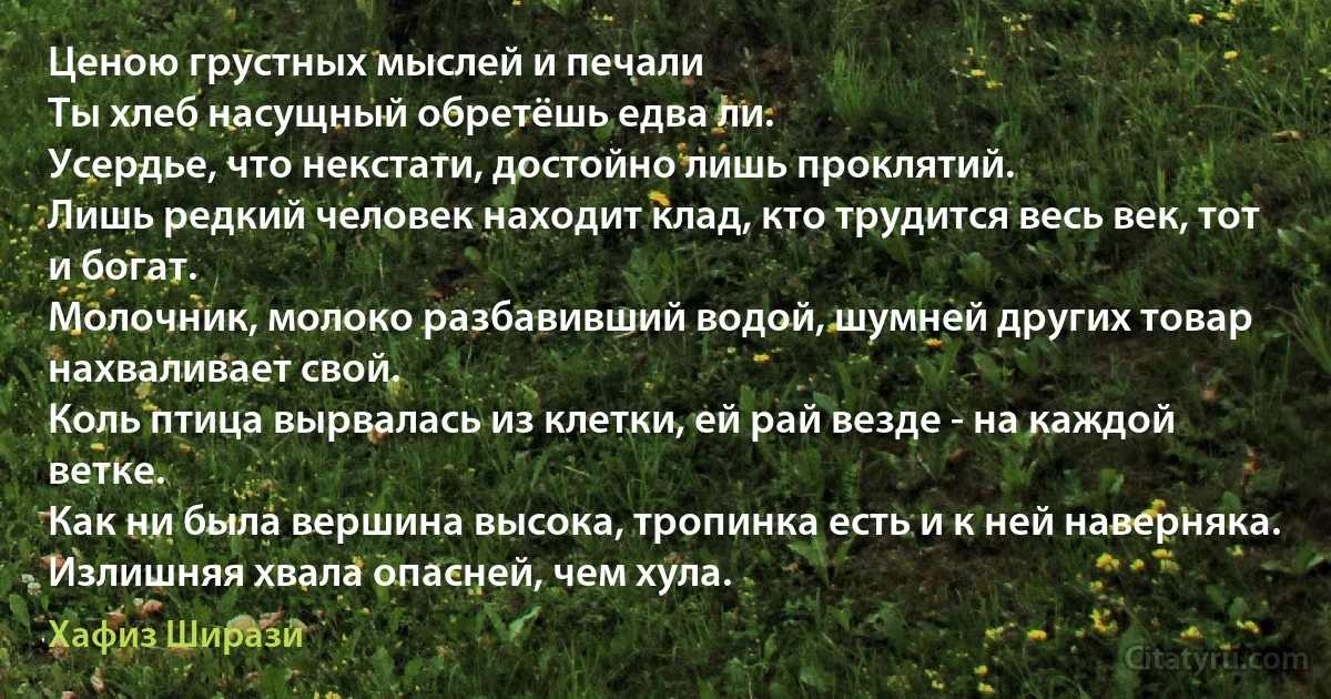 Ценою грустных мыслей и печали
Ты хлеб насущный обретёшь едва ли.
Усердье, что некстати, достойно лишь проклятий.
Лишь редкий человек находит клад, кто трудится весь век, тот и богат.
Молочник, молоко разбавивший водой, шумней других товар нахваливает свой.
Коль птица вырвалась из клетки, ей рай везде - на каждой ветке.
Как ни была вершина высока, тропинка есть и к ней наверняка.
Излишняя хвала опасней, чем хула. (Хафиз Ширази)