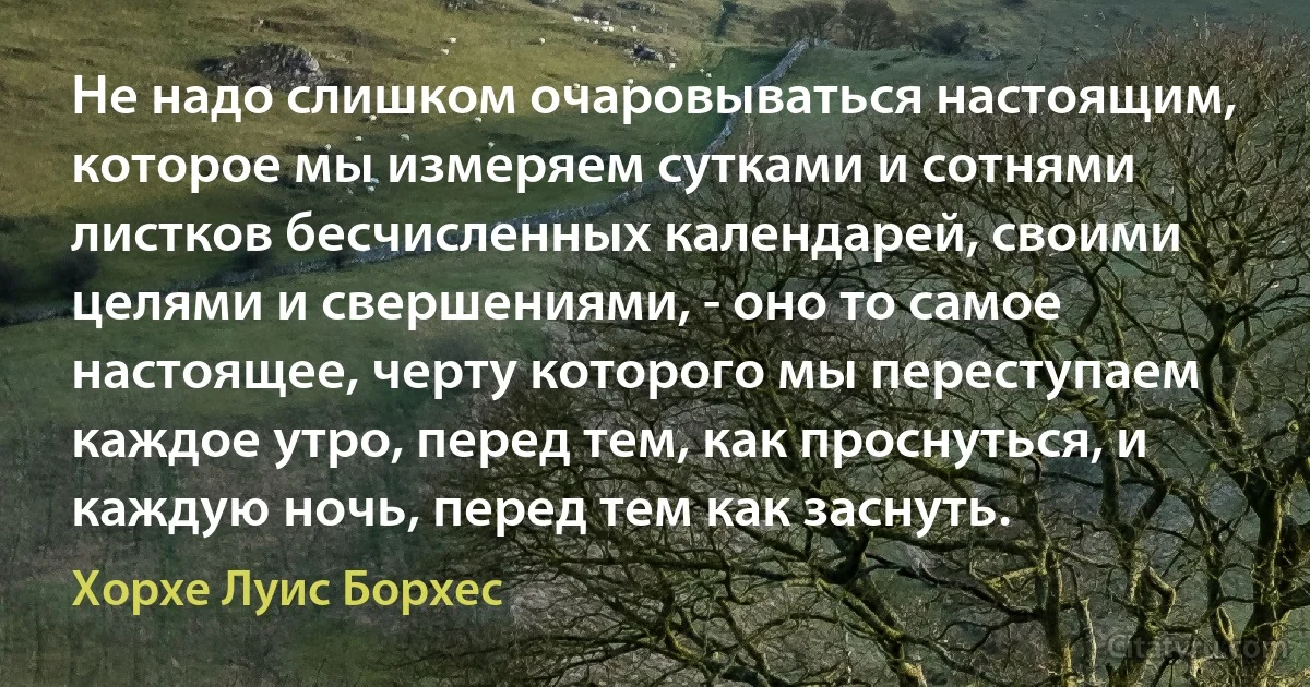 Не надо слишком очаровываться настоящим, которое мы измеряем сутками и сотнями листков бесчисленных календарей, своими целями и свершениями, - оно то самое настоящее, черту которого мы переступаем каждое утро, перед тем, как проснуться, и каждую ночь, перед тем как заснуть. (Хорхе Луис Борхес)