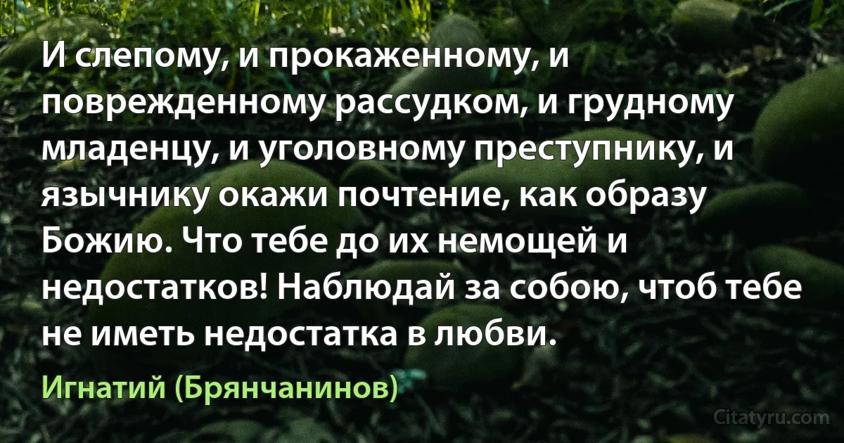 И слепому, и прокаженному, и поврежденному рассудком, и грудному младенцу, и уголовному преступнику, и язычнику окажи почтение, как образу Божию. Что тебе до их немощей и недостатков! Наблюдай за собою, чтоб тебе не иметь недостатка в любви. (Игнатий (Брянчанинов))