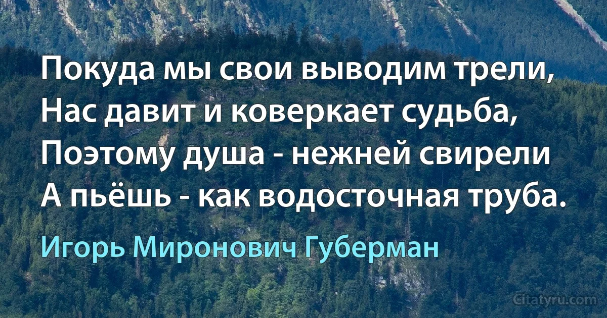 Покуда мы свои выводим трели,
Нас давит и коверкает судьба,
Поэтому душа - нежней свирели
А пьёшь - как водосточная труба. (Игорь Миронович Губерман)