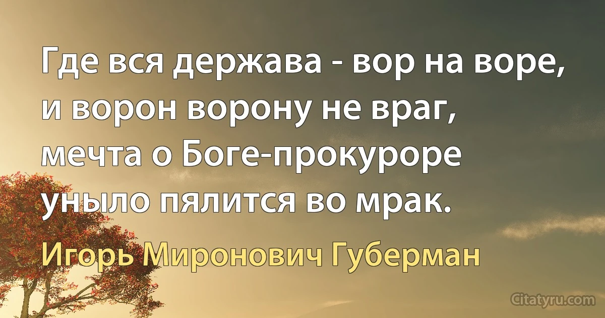 Где вся держава - вор на воре,
и ворон ворону не враг,
мечта о Боге-прокуроре
уныло пялится во мрак. (Игорь Миронович Губерман)