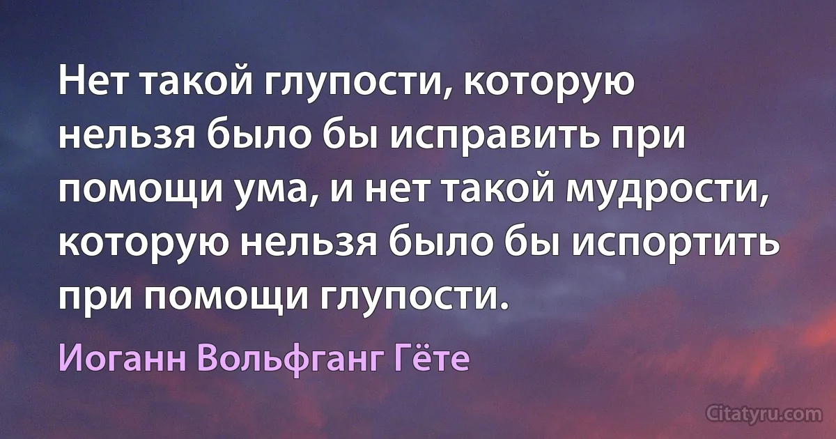 Нет такой глупости, которую нельзя было бы исправить при помощи ума, и нет такой мудрости, которую нельзя было бы испортить при помощи глупости. (Иоганн Вольфганг Гёте)