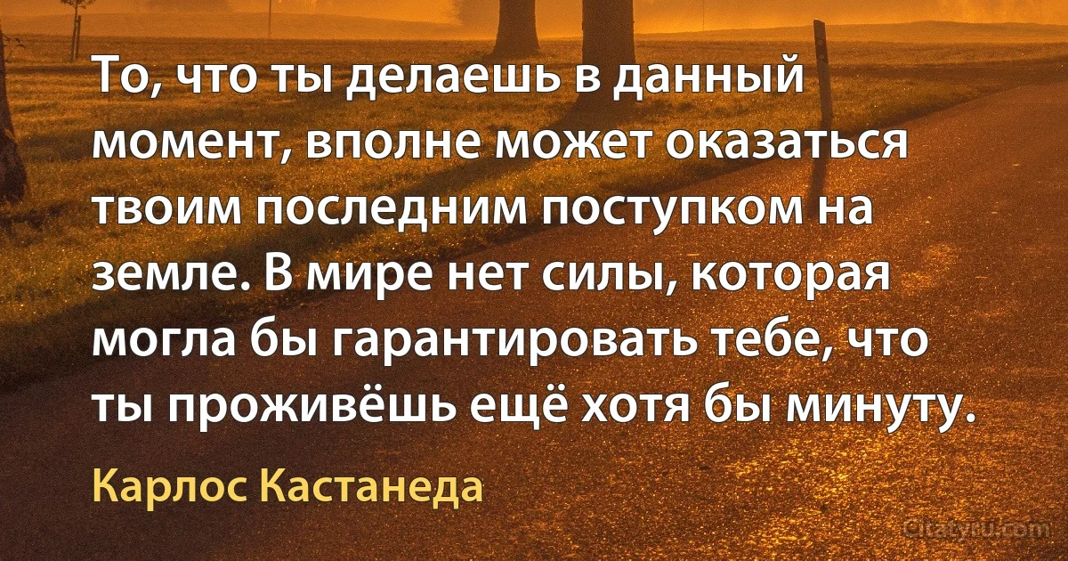 То, что ты делаешь в данный момент, вполне может оказаться твоим последним поступком на земле. В мире нет силы, которая могла бы гарантировать тебе, что ты проживёшь ещё хотя бы минуту. (Карлос Кастанеда)