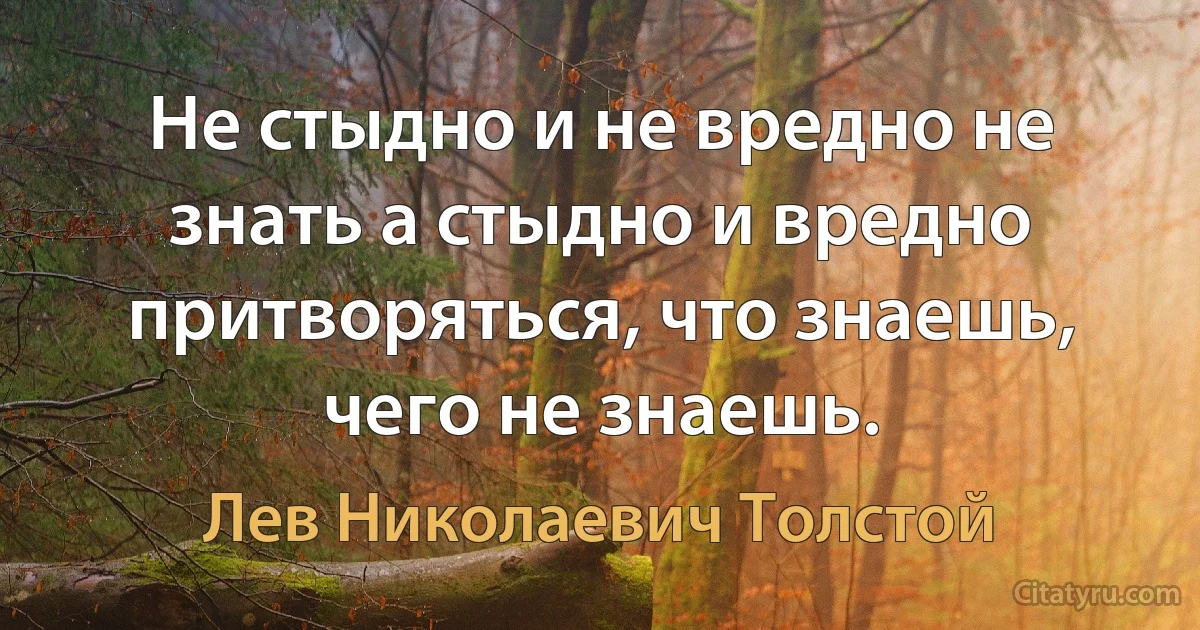 Не стыдно и не вредно не знать а стыдно и вредно притворяться, что знаешь, чего не знаешь. (Лев Николаевич Толстой)