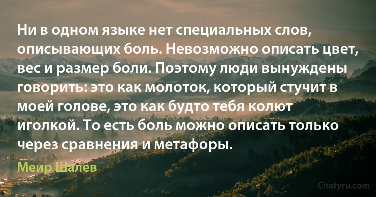 Ни в одном языке нет специальных слов, описывающих боль. Невозможно описать цвет, вес и размер боли. Поэтому люди вынуждены говорить: это как молоток, который стучит в моей голове, это как будто тебя колют иголкой. То есть боль можно описать только через сравнения и метафоры. (Меир Шалев)