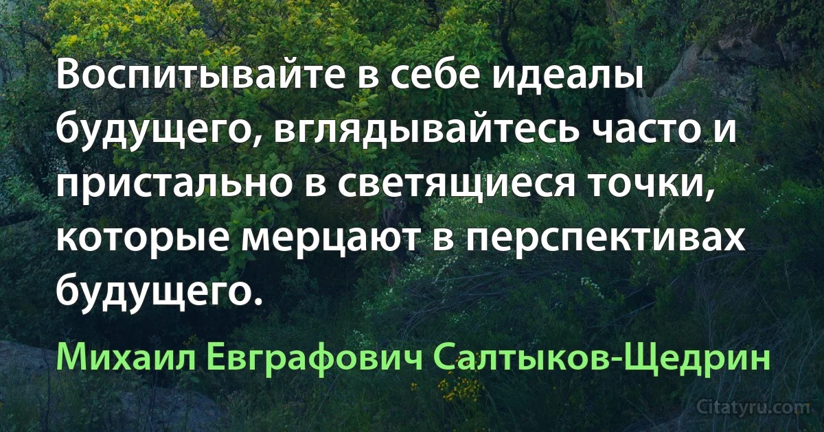 Воспитывайте в себе идеалы будущего, вглядывайтесь часто и пристально в светящиеся точки, которые мерцают в перспективах будущего. (Михаил Евграфович Салтыков-Щедрин)