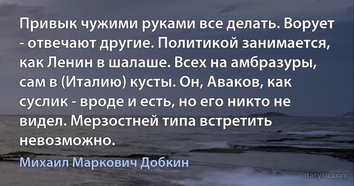 Привык чужими руками все делать. Ворует - отвечают другие. Политикой занимается, как Ленин в шалаше. Всех на амбразуры, сам в (Италию) кусты. Он, Аваков, как суслик - вроде и есть, но его никто не видел. Мерзостней типа встретить невозможно. (Михаил Маркович Добкин)