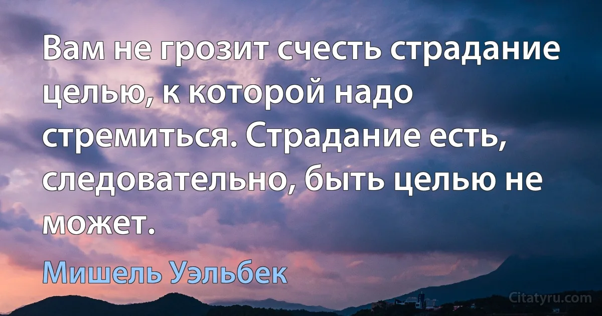 Вам не грозит счесть страдание целью, к которой надо стремиться. Страдание есть, следовательно, быть целью не может. (Мишель Уэльбек)