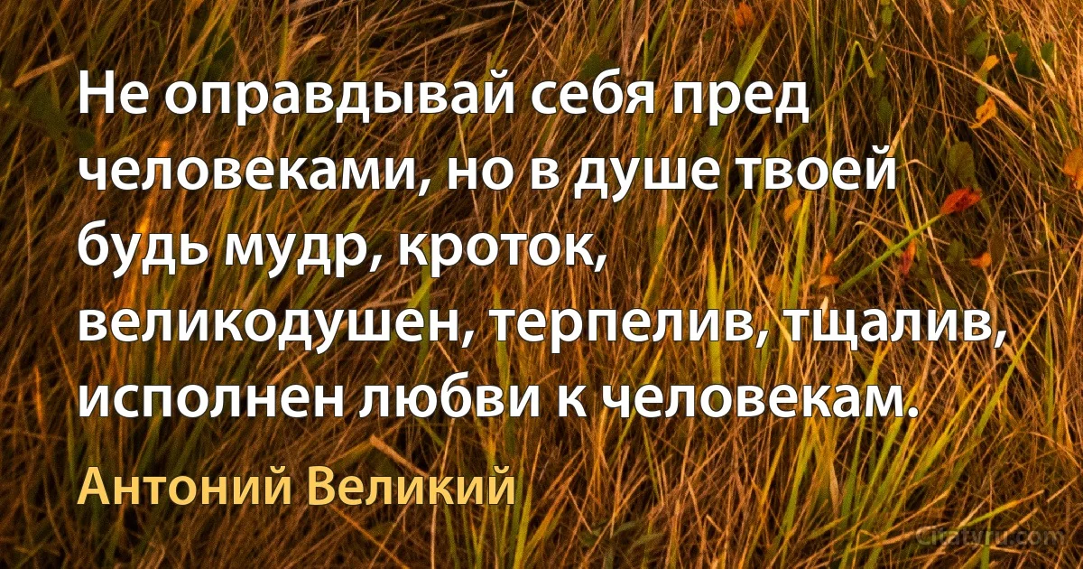 Не оправдывай себя пред человеками, но в душе твоей будь мудр, кроток, великодушен, терпелив, тщалив, исполнен любви к человекам. (Антоний Великий)