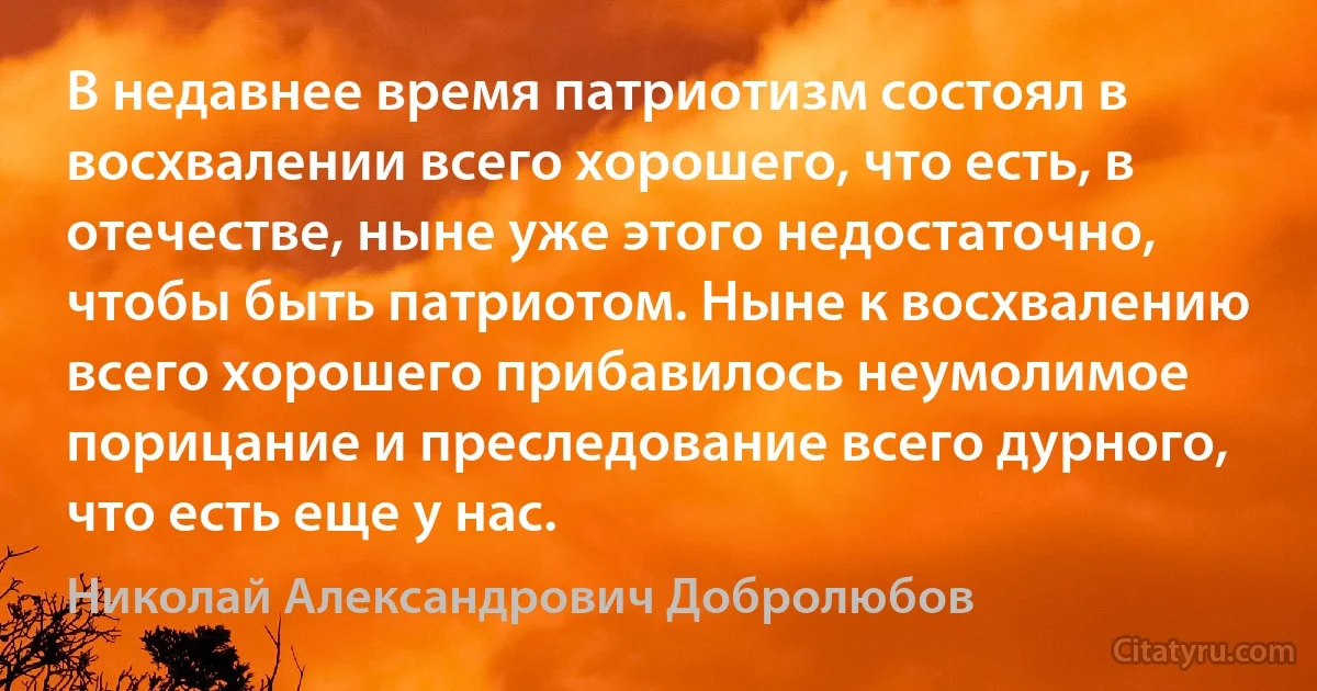 В недавнее время патриотизм состоял в восхвалении всего хорошего, что есть, в отечестве, ныне уже этого недостаточно, чтобы быть патриотом. Ныне к восхвалению всего хорошего прибавилось неумолимое порицание и преследование всего дурного, что есть еще у нас. (Николай Александрович Добролюбов)