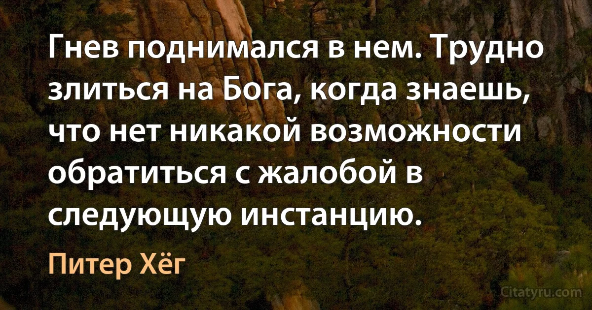 Гнев поднимался в нем. Трудно злиться на Бога, когда знаешь, что нет никакой возможности обратиться с жалобой в следующую инстанцию. (Питер Хёг)