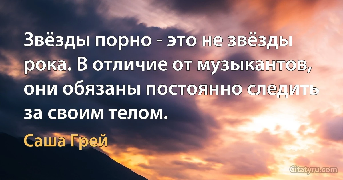 Звёзды порно - это не звёзды рока. В отличие от музыкантов, они обязаны постоянно следить за своим телом. (Саша Грей)