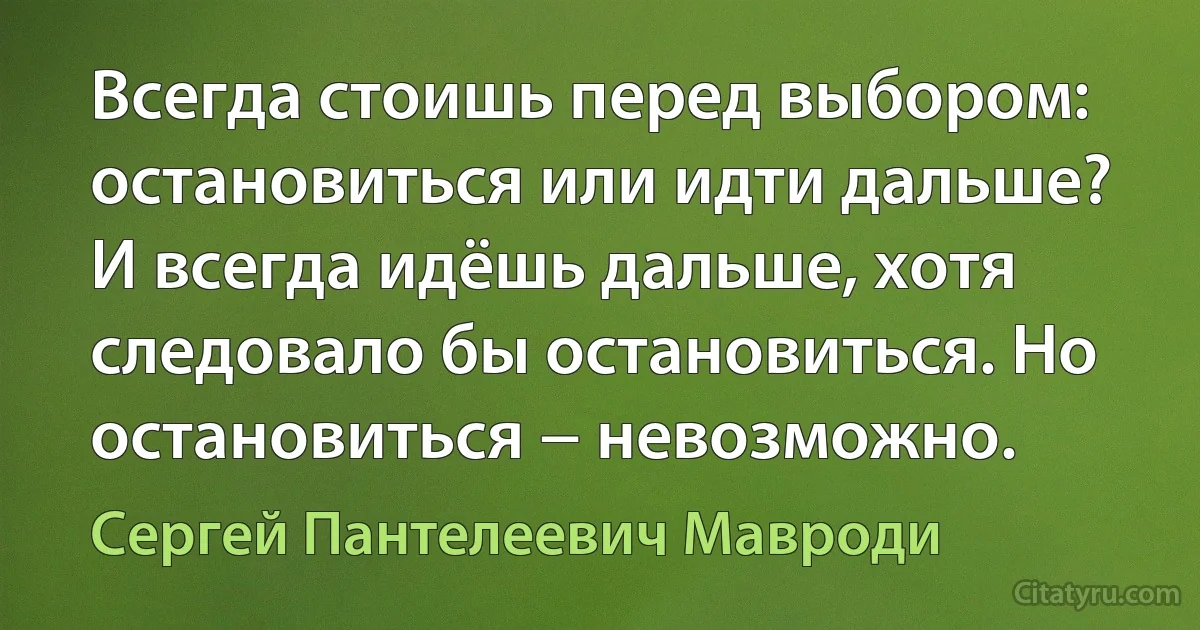 Всегда стоишь перед выбором: остановиться или идти дальше? И всегда идёшь дальше, хотя следовало бы остановиться. Но остановиться − невозможно. (Сергей Пантелеевич Мавроди)