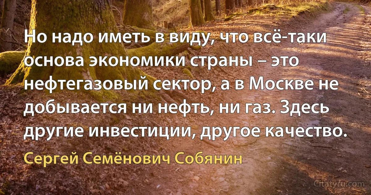 Но надо иметь в виду, что всё-таки основа экономики страны – это нефтегазовый сектор, а в Москве не добывается ни нефть, ни газ. Здесь другие инвестиции, другое качество. (Сергей Семёнович Собянин)