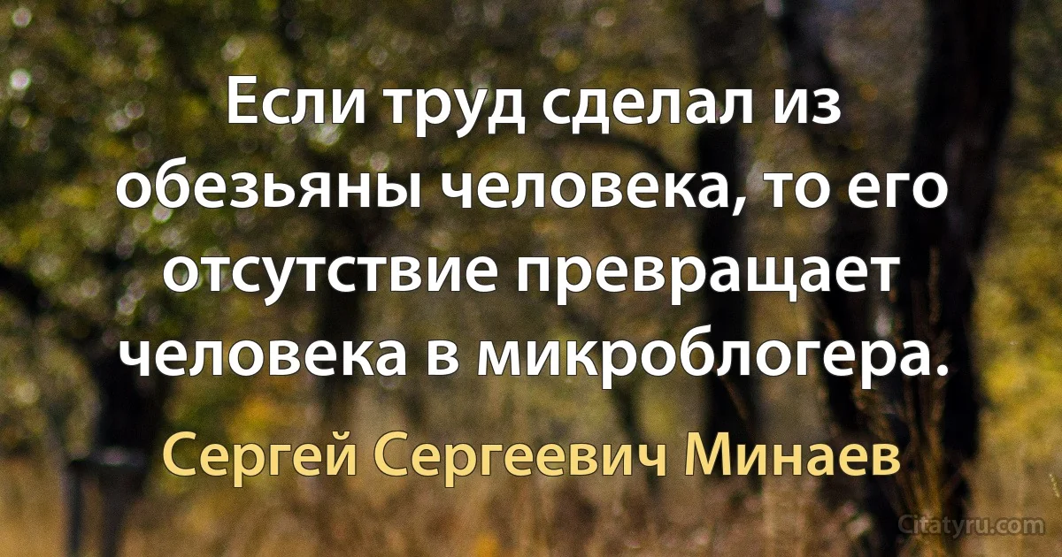 Если труд сделал из обезьяны человека, то его отсутствие превращает человека в микроблогера. (Сергей Сергеевич Минаев)