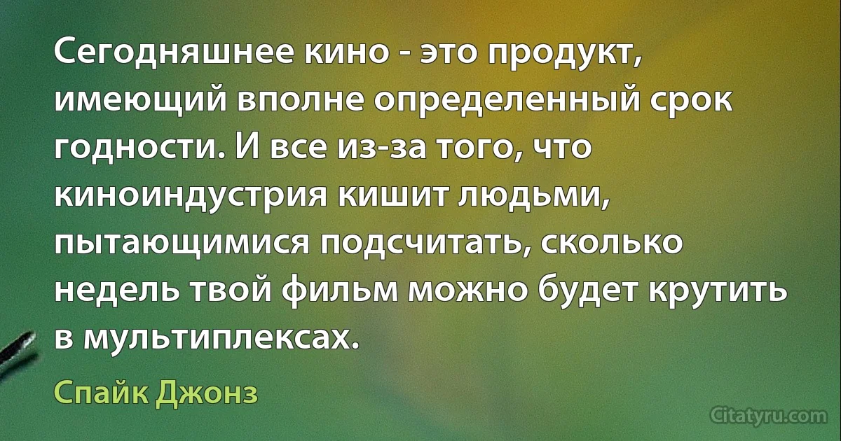 Сегодняшнее кино - это продукт, имеющий вполне определенный срок годности. И все из-за того, что киноиндустрия кишит людьми, пытающимися подсчитать, сколько недель твой фильм можно будет крутить в мультиплексах. (Спайк Джонз)