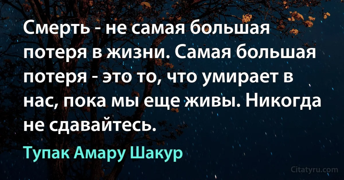 Смерть - не самая большая потеря в жизни. Самая большая потеря - это то, что умирает в нас, пока мы еще живы. Никогда не сдавайтесь. (Тупак Амару Шакур)