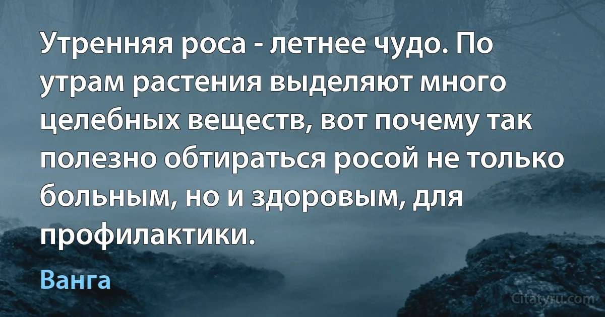 Утренняя роса - летнее чудо. По утрам растения выделяют много целебных веществ, вот почему так полезно обтираться росой не только больным, но и здоровым, для профилактики. (Ванга)