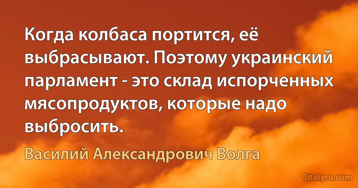 Когда колбаса портится, её выбрасывают. Поэтому украинский парламент - это склад испорченных мясопродуктов, которые надо выбросить. (Василий Александрович Волга)