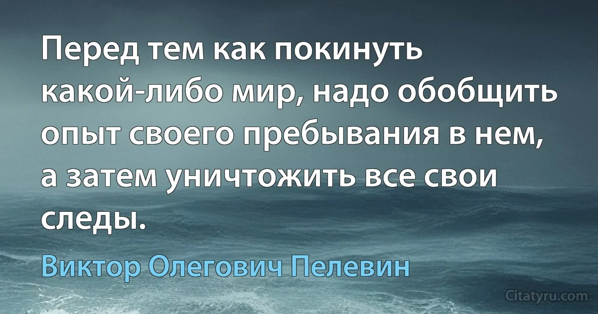 Перед тем как покинуть какой-либо мир, надо обобщить опыт своего пребывания в нем, а затем уничтожить все свои следы. (Виктор Олегович Пелевин)