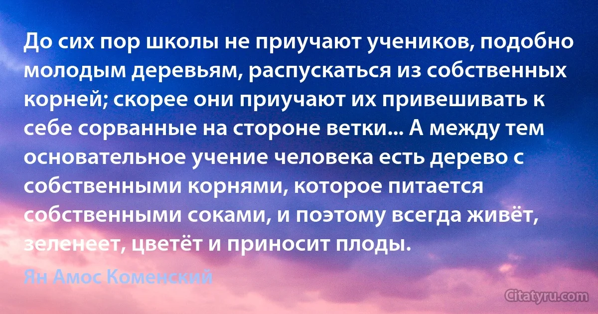 До сих пор школы не приучают учеников, подобно молодым деревьям, распускаться из собственных корней; скорее они приучают их привешивать к себе сорванные на стороне ветки... А между тем основательное учение человека есть дерево с собственными корнями, которое питается собственными соками, и поэтому всегда живёт, зеленеет, цветёт и приносит плоды. (Ян Амос Коменский)