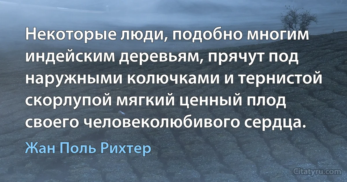 Некоторые люди, подобно многим индейским деревьям, прячут под наружными колючками и тернистой скорлупой мягкий ценный плод своего человеколюбивого сердца. (Жан Поль Рихтер)