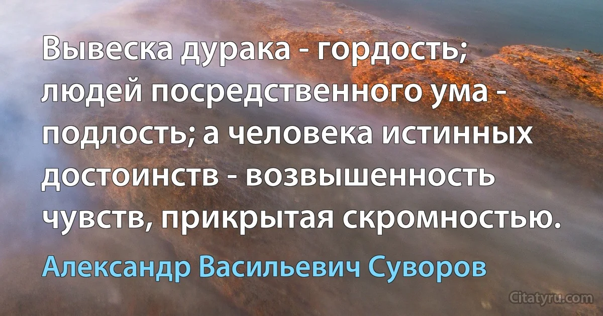 Вывеска дурака - гордость; людей посредственного ума - подлость; а человека истинных достоинств - возвышенность чувств, прикрытая скромностью. (Александр Васильевич Суворов)