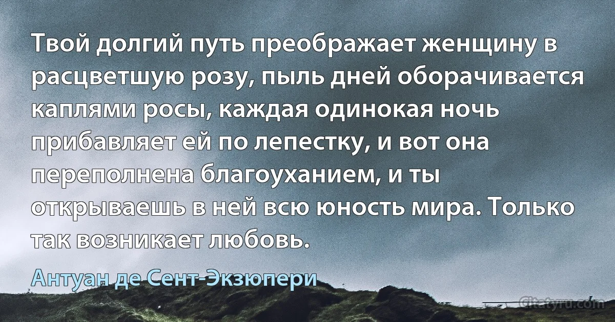 Твой долгий путь преображает женщину в расцветшую розу, пыль дней оборачивается каплями росы, каждая одинокая ночь прибавляет ей по лепестку, и вот она переполнена благоуханием, и ты открываешь в ней всю юность мира. Только так возникает любовь. (Антуан де Сент-Экзюпери)