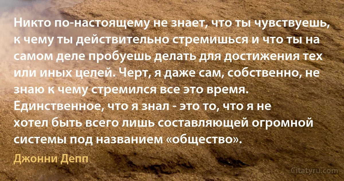 Никто по-настоящему не знает, что ты чувствуешь, к чему ты действительно стремишься и что ты на самом деле пробуешь делать для достижения тех или иных целей. Черт, я даже сам, собственно, не знаю к чему стремился все это время. Единственное, что я знал - это то, что я не хотел быть всего лишь составляющей огромной системы под названием «общество». (Джонни Депп)