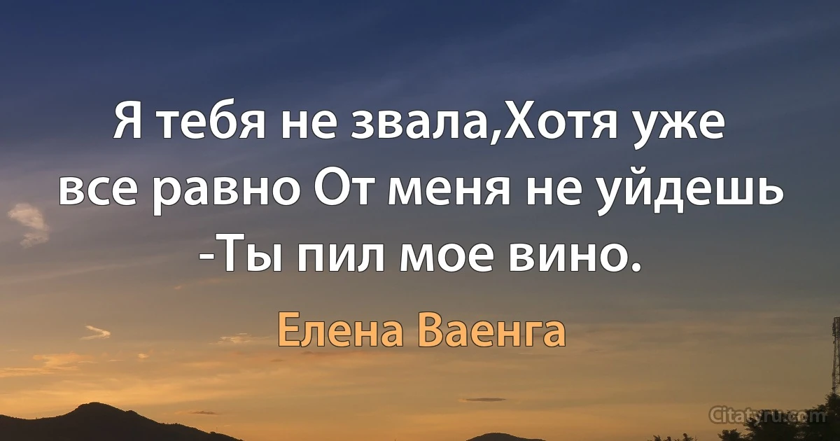 Я тебя не звала,Хотя уже все равно От меня не уйдешь -Ты пил мое вино. (Елена Ваенга)