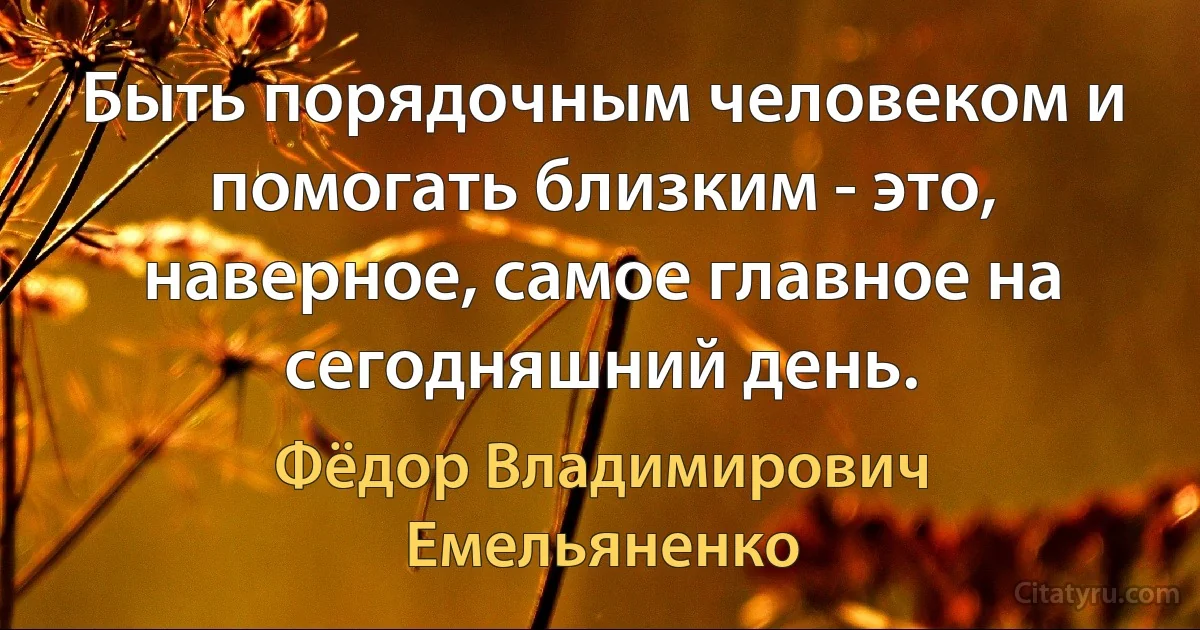 Быть порядочным человеком и помогать близким - это, наверное, самое главное на сегодняшний день. (Фёдор Владимирович Емельяненко)