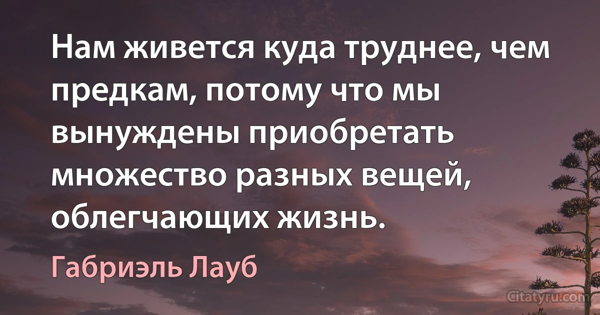 Нам живется куда труднее, чем предкам, потому что мы вынуждены приобретать множество разных вещей, облегчающих жизнь. (Габриэль Лауб)