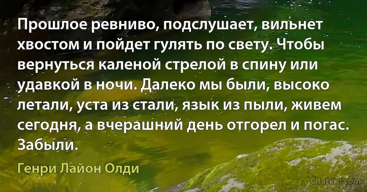 Прошлое ревниво, подслушает, вильнет хвостом и пойдет гулять по свету. Чтобы вернуться каленой стрелой в спину или удавкой в ночи. Далеко мы были, высоко летали, уста из стали, язык из пыли, живем сегодня, а вчерашний день отгорел и погас.
Забыли. (Генри Лайон Олди)