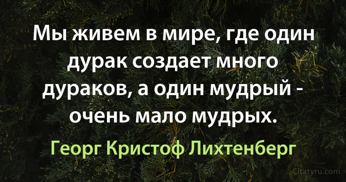 Мы живем в мире, где один дурак создает много дураков, а один мудрый - очень мало мудрых. (Георг Кристоф Лихтенберг)