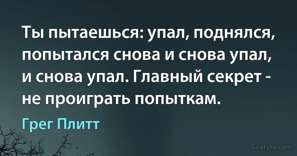 Ты пытаешься: упал, поднялся, попытался снова и снова упал, и снова упал. Главный секрет - не проиграть попыткам. (Грег Плитт)