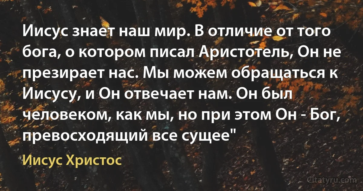 Иисус знает наш мир. В отличие от того бога, о котором писал Аристотель, Он не презирает нас. Мы можем обращаться к Иисусу, и Он отвечает нам. Он был человеком, как мы, но при этом Он - Бог, превосходящий все сущее" (Иисус Христос)