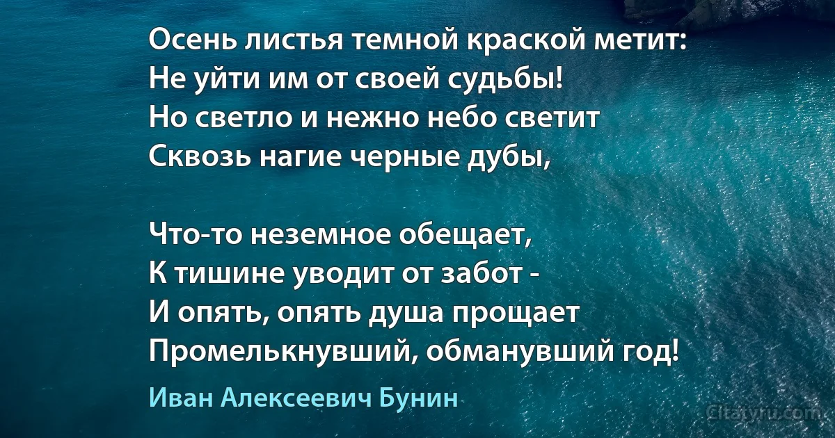 Осень листья темной краской метит:
Не уйти им от своей судьбы!
Но светло и нежно небо светит
Сквозь нагие черные дубы,

Что-то неземное обещает,
К тишине уводит от забот -
И опять, опять душа прощает
Промелькнувший, обманувший год! (Иван Алексеевич Бунин)