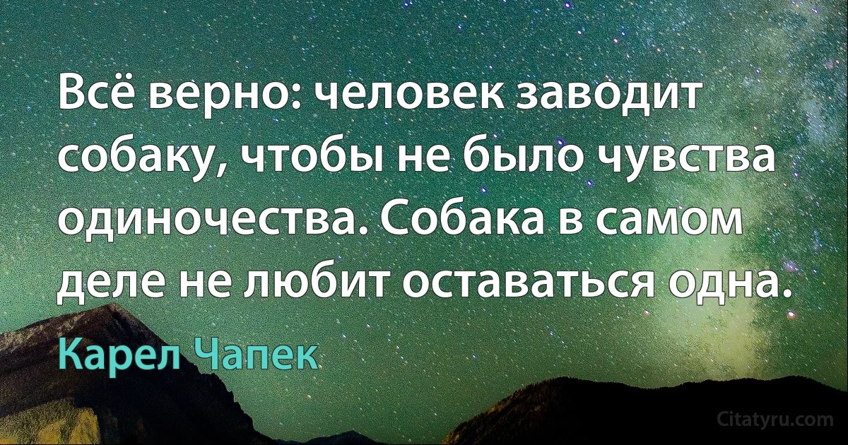 Всё верно: человек заводит собаку, чтобы не было чувства одиночества. Собака в самом деле не любит оставаться одна. (Карел Чапек)