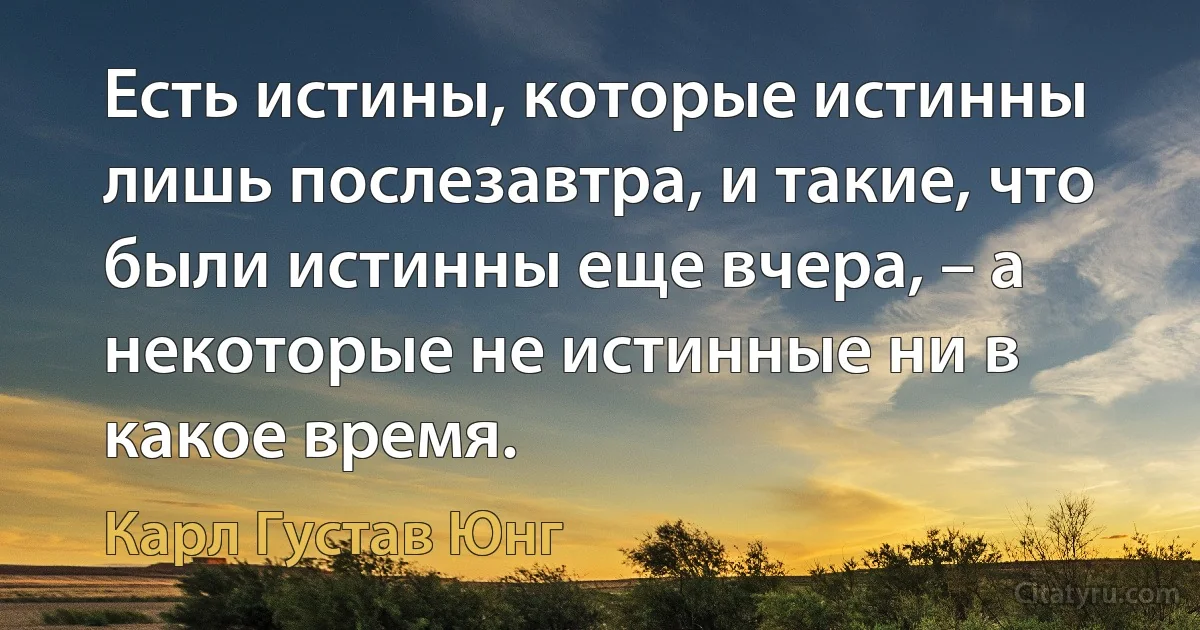 Есть истины, которые истинны лишь послезавтра, и такие, что были истинны еще вчера, – а некоторые не истинные ни в какое время. (Карл Густав Юнг)