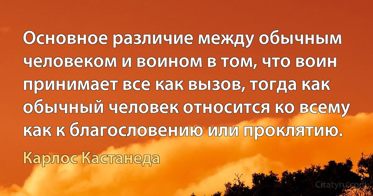 Основное различие между обычным человеком и воином в том, что воин принимает все как вызов, тогда как обычный человек относится ко всему как к благословению или проклятию. (Карлос Кастанеда)