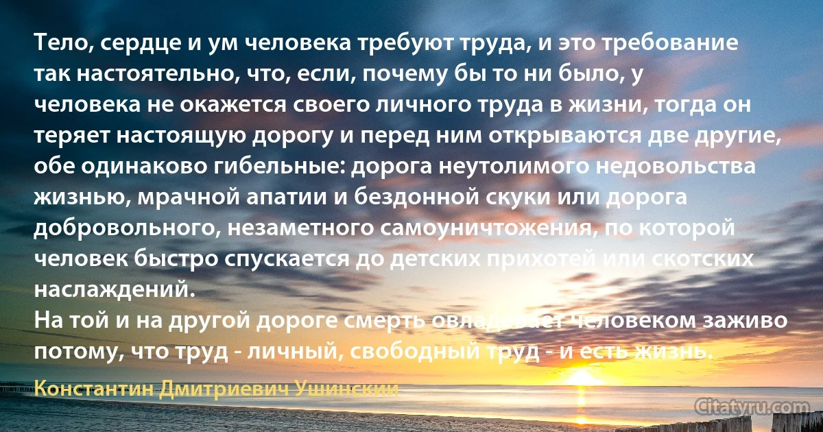 Тело, сердце и ум человека требуют труда, и это требование так настоятельно, что, если, почему бы то ни было, у человека не окажется своего личного труда в жизни, тогда он теряет настоящую дорогу и перед ним открываются две другие, обе одинаково гибельные: дорога неутолимого недовольства жизнью, мрачной апатии и бездонной скуки или дорога добровольного, незаметного самоуничтожения, по которой человек быстро спускается до детских прихотей или скотских наслаждений.
На той и на другой дороге смерть овладевает человеком заживо потому, что труд - личный, свободный труд - и есть жизнь. (Константин Дмитриевич Ушинский)