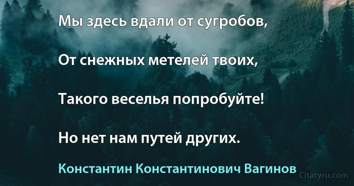 Мы здесь вдали от сугробов,

От снежных метелей твоих,

Такого веселья попробуйте!

Но нет нам путей других. (Константин Константинович Вагинов)