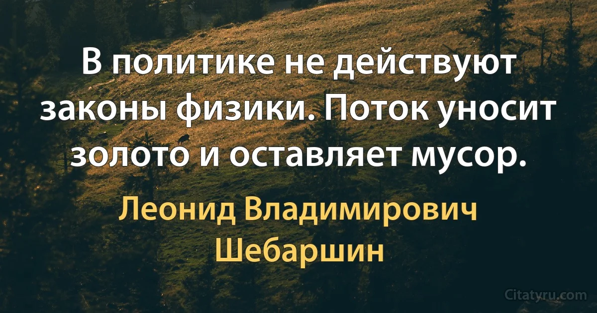 В политике не действуют законы физики. Поток уносит золото и оставляет мусор. (Леонид Владимирович Шебаршин)