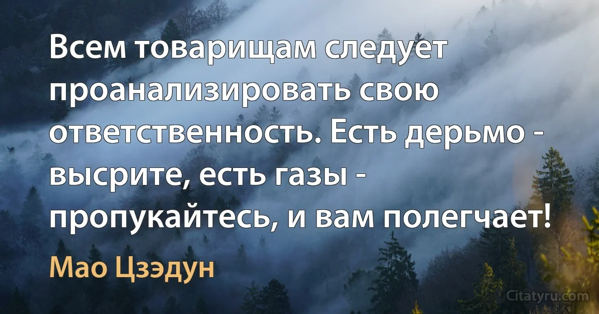 Всем товарищам следует проанализировать свою ответственность. Есть дерьмо - высрите, есть газы - пропукайтесь, и вам полегчает! (Мао Цзэдун)