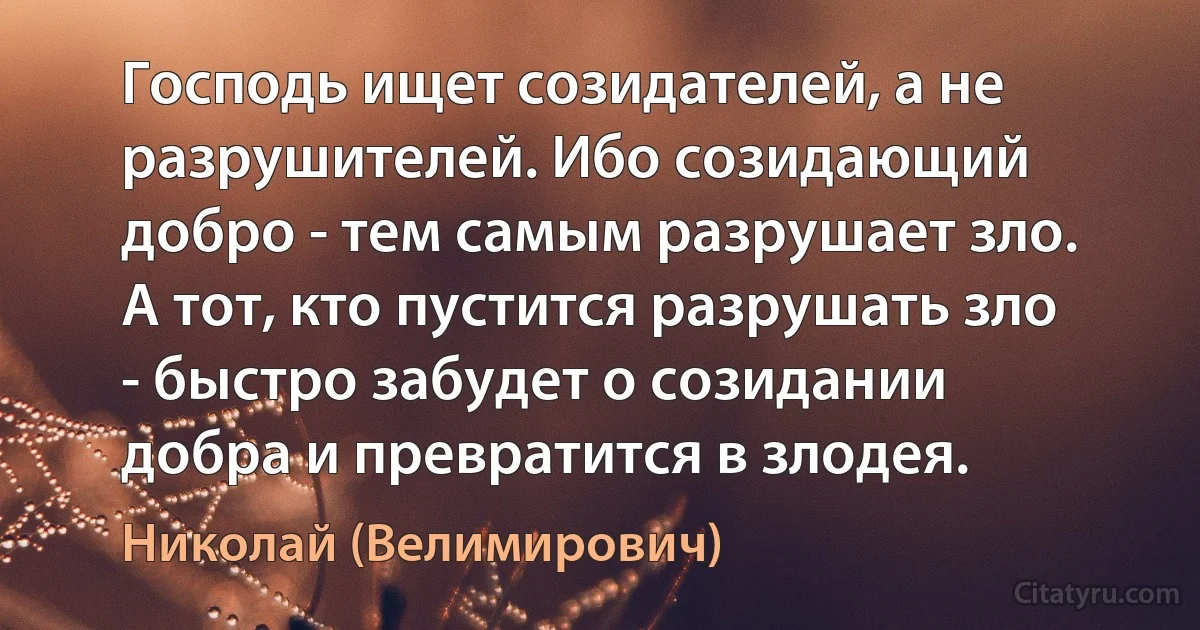 Господь ищет созидателей, а не разрушителей. Ибо созидающий добро - тем самым разрушает зло. А тот, кто пустится разрушать зло - быстро забудет о созидании добра и превратится в злодея. (Николай (Велимирович))