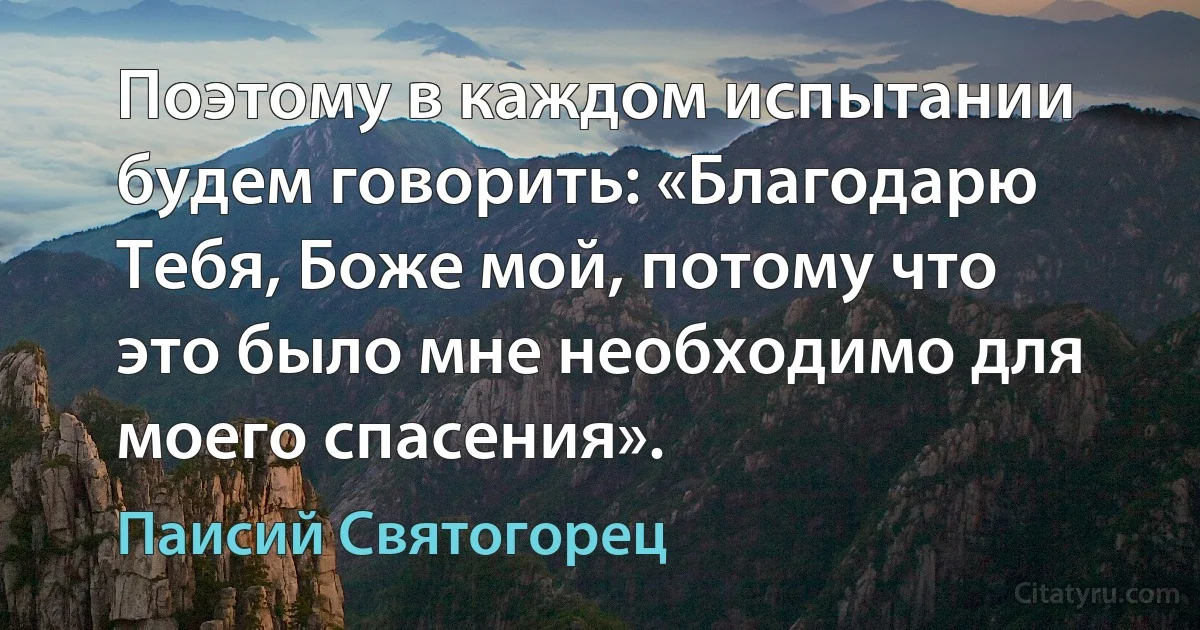 Поэтому в каждом испытании будем говорить: «Благодарю Тебя, Боже мой, потому что это было мне необходимо для моего спасения». (Паисий Святогорец)